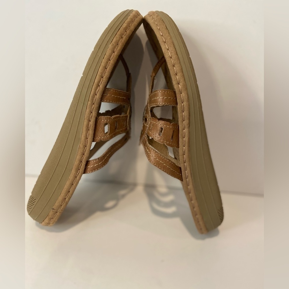 Michel Meynard~Comfy~Tan Leather~Cut-Out Triple Strap~Thong Wedge Sandal~Size 10 - Picture 10 of 12